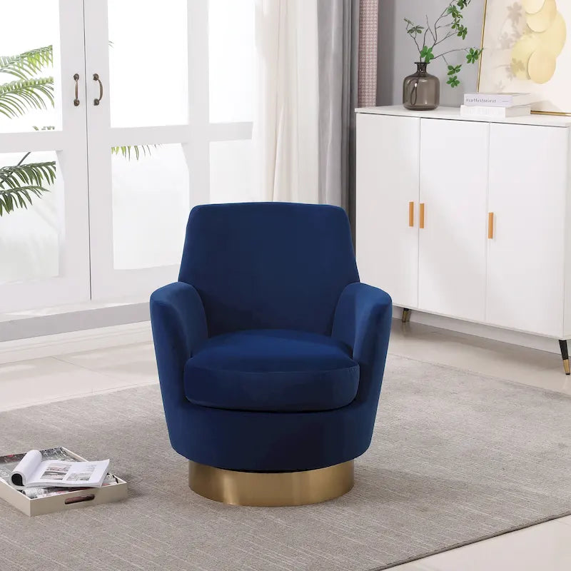 Drehbarer Sessel in Fassform mit marineblauem Bezug und Eisengestell