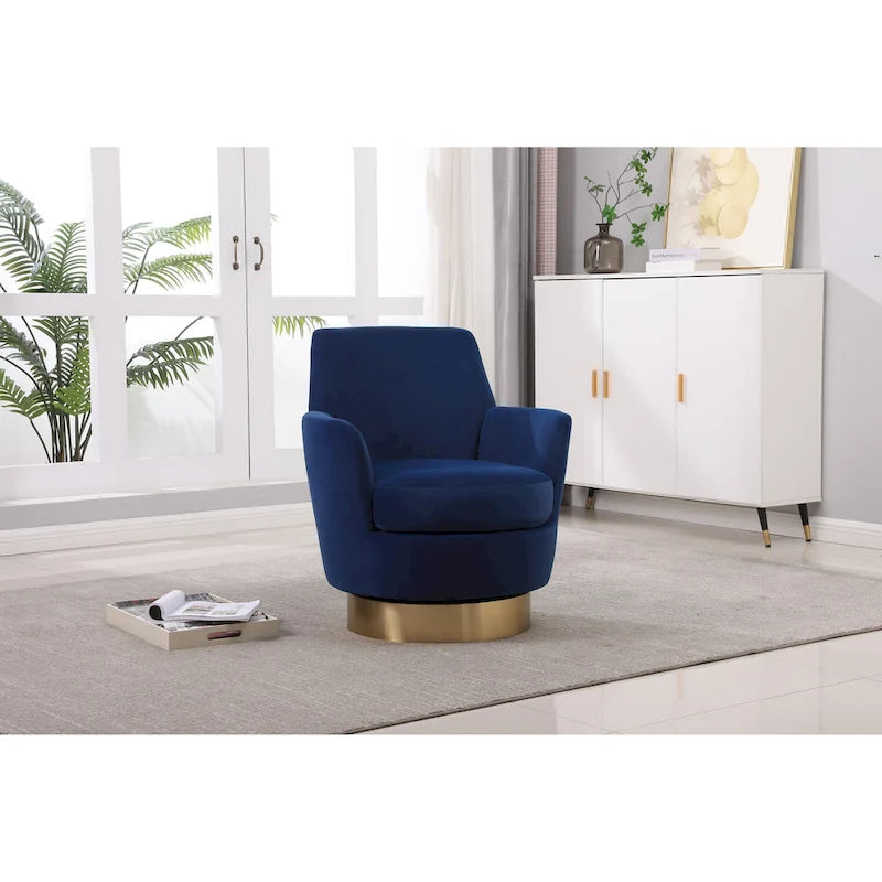 Drehbarer Sessel in Fassform mit marineblauem Bezug und Eisengestell