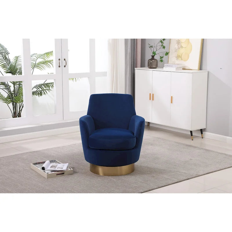 Drehbarer Sessel in Fassform mit marineblauem Bezug und Eisengestell