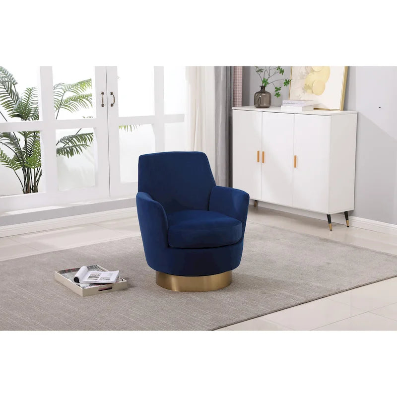 Drehbarer Sessel in Fassform mit marineblauem Bezug und Eisengestell