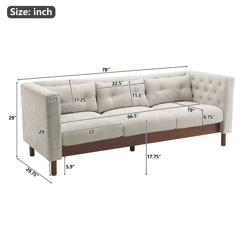 Modern Tufted 3-Seat Sofa with Polyester Upholstery