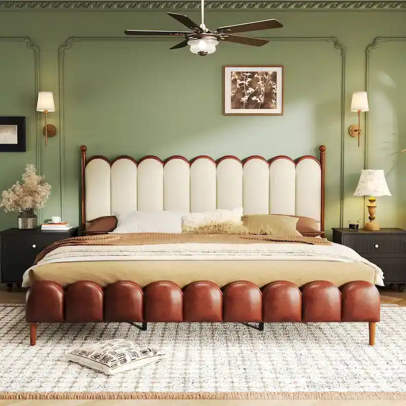 PU Leather Upholstered Platform Bed with Padded Headboard