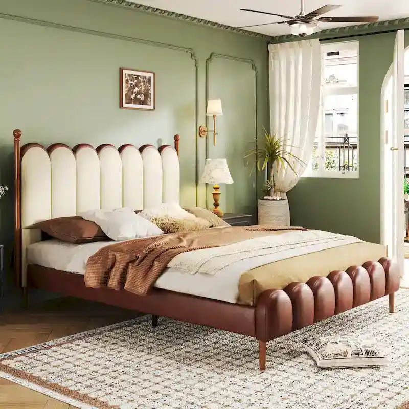 PU Leather Upholstered Platform Bed with Padded Headboard