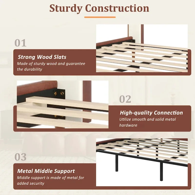 PU Leather Upholstered Platform Bed with Padded Headboard