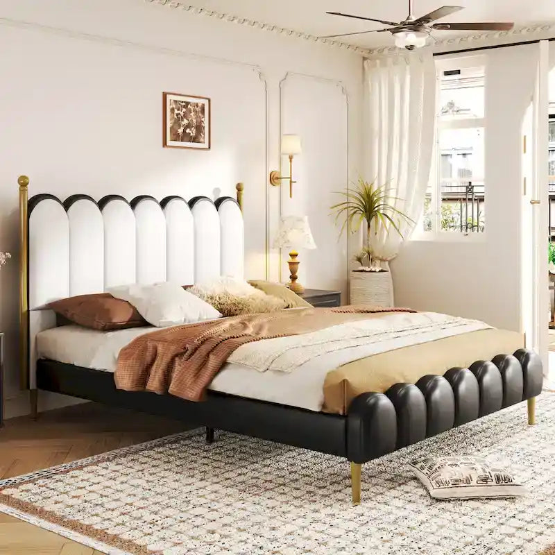 PU Leather Upholstered Platform Bed with Padded Headboard