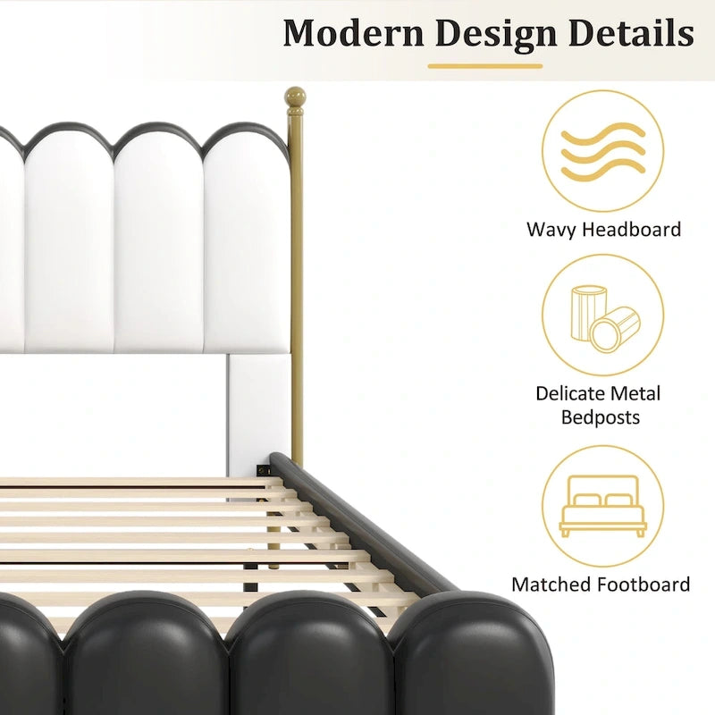 PU Leather Upholstered Platform Bed with Padded Headboard