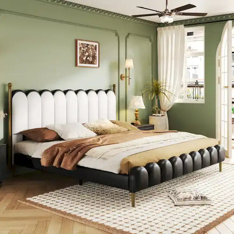 PU Leather Upholstered Platform Bed with Padded Headboard