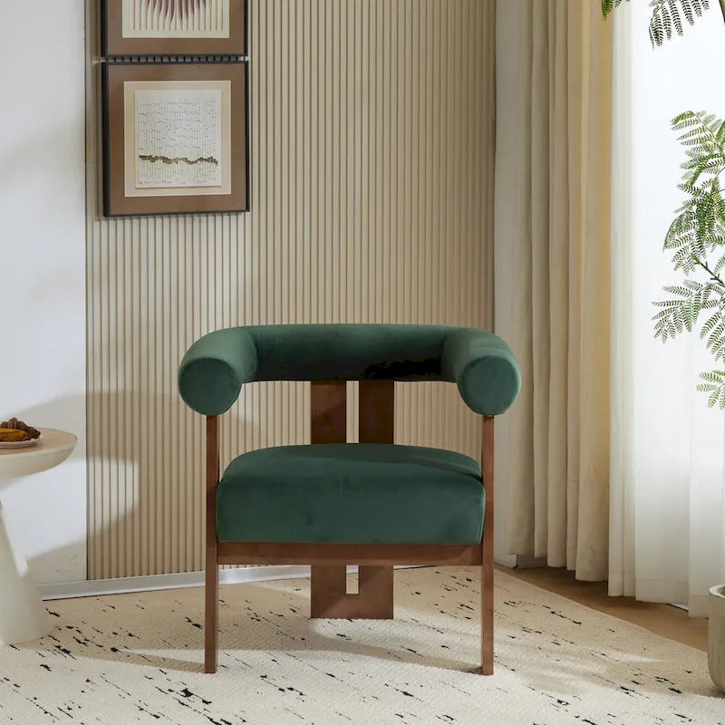 Velvet Round-Arm Accent Chair with Three Birch Legs