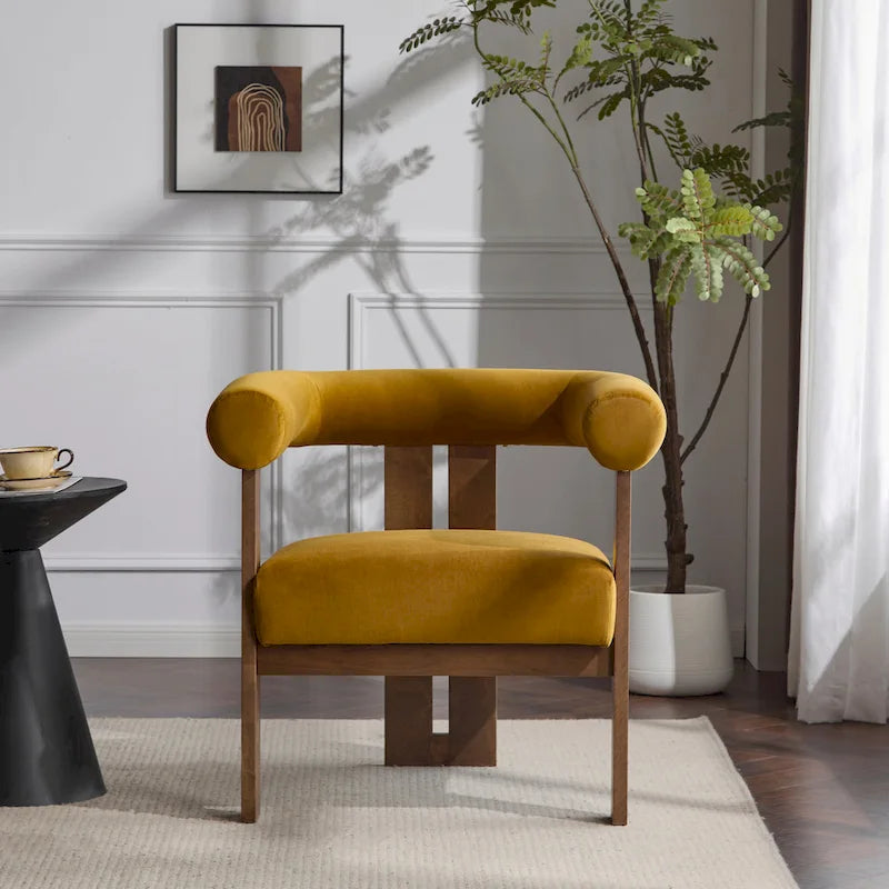 Velvet Round-Arm Accent Chair with Three Birch Legs