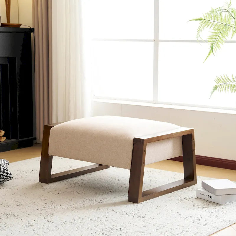 Beige Upholstered Ottoman with Rubberwood Legs