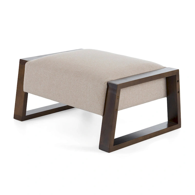 Beige Upholstered Ottoman with Rubberwood Legs