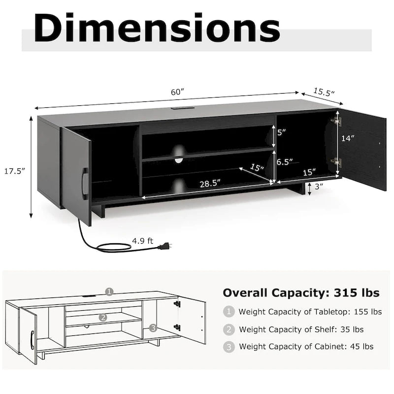 60-Inch TV Stand for Up to 70-Inch TVs with Power Outlets