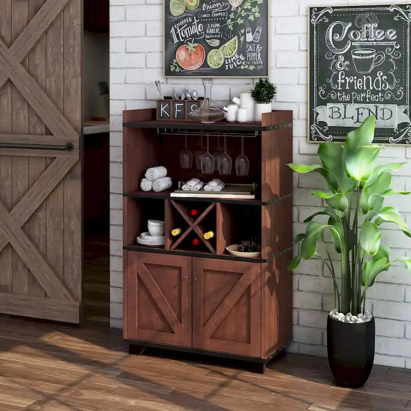 Farmhouse Wine Cabinet Buffet with Bottle and Glass Storage