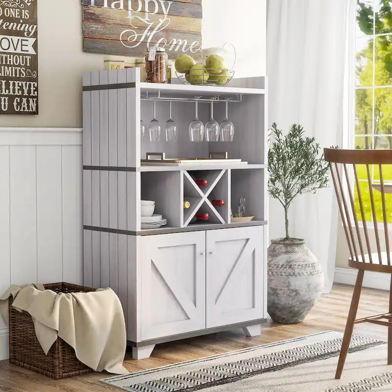 Farmhouse Wine Cabinet Buffet with Bottle and Glass Storage
