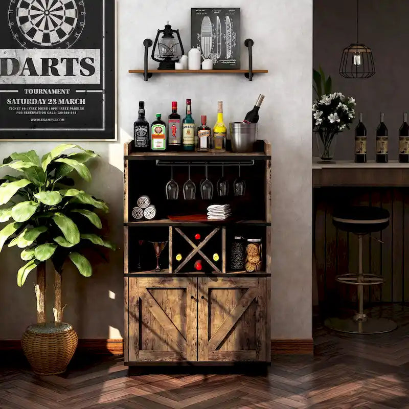 Farmhouse Wine Cabinet Buffet with Bottle and Glass Storage