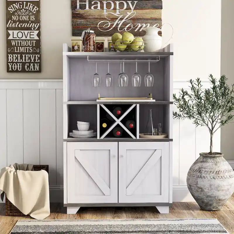 Farmhouse Wine Cabinet Buffet with Bottle and Glass Storage