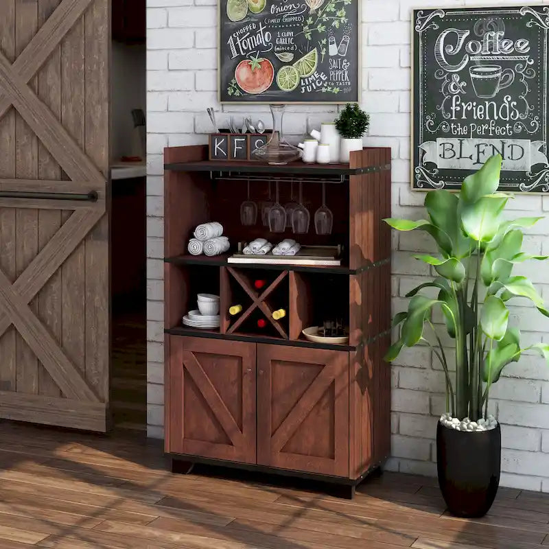 Farmhouse Wine Cabinet Buffet with Bottle and Glass Storage