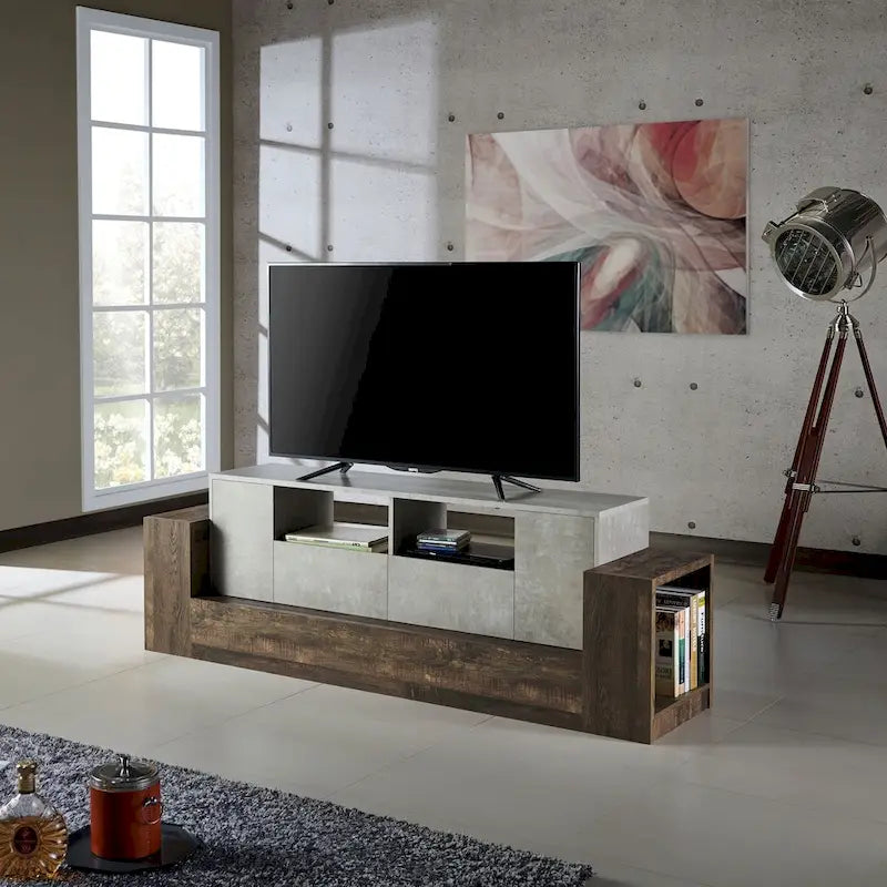 71-Inch Oak-Effect and Grey Industrial TV Console