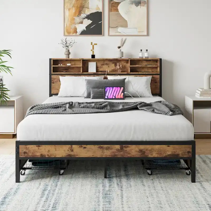Queen Panel Bed with Charging Headboard and Four Drawers