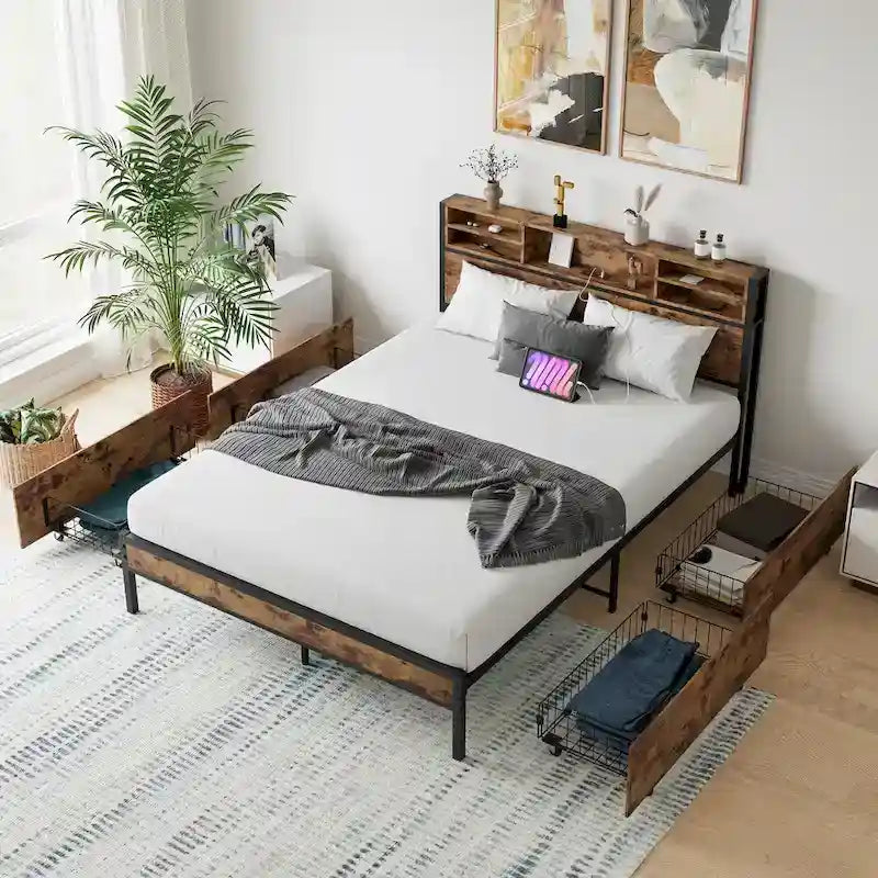 Queen Panel Bed with Charging Headboard and Four Drawers