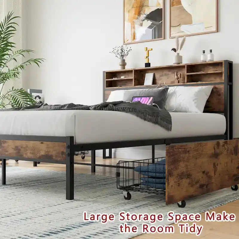 Queen Panel Bed with Charging Headboard and Four Drawers