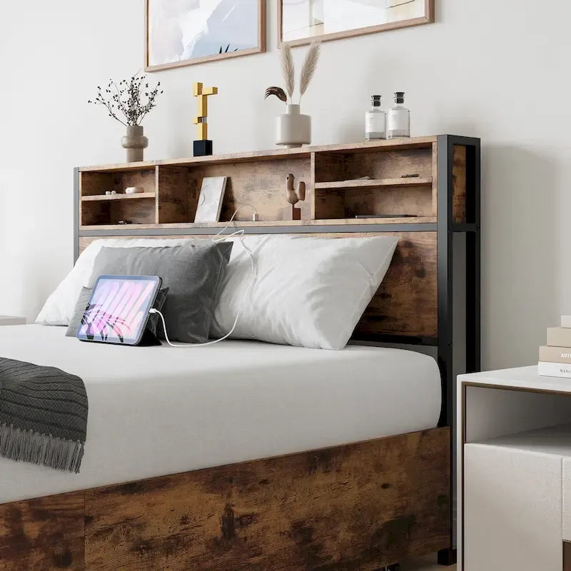 Queen Panel Bed with Charging Headboard and Four Drawers