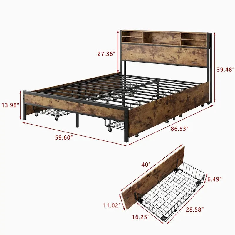 Queen Panel Bed with Charging Headboard and Four Drawers