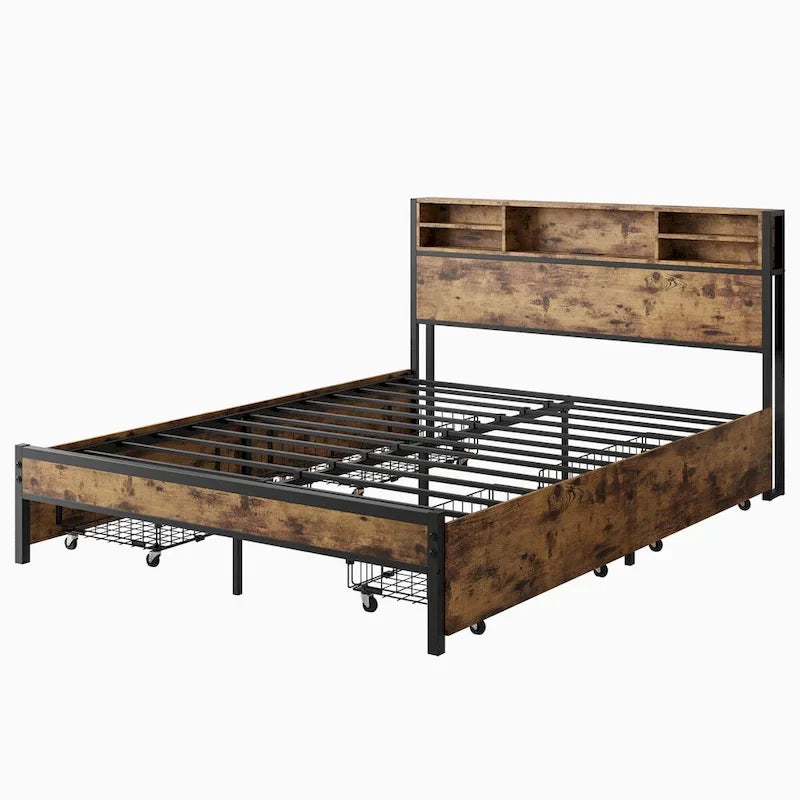 Queen Panel Bed with Charging Headboard and Four Drawers