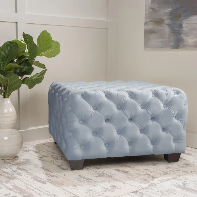 Button-Tufted Velvet Ottoman with Birch Wood Legs