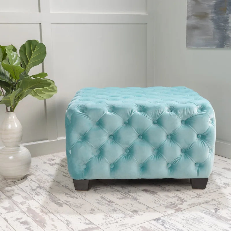 Button-Tufted Velvet Ottoman with Birch Wood Legs