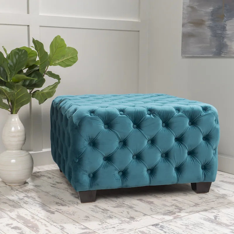 Button-Tufted Velvet Ottoman with Birch Wood Legs