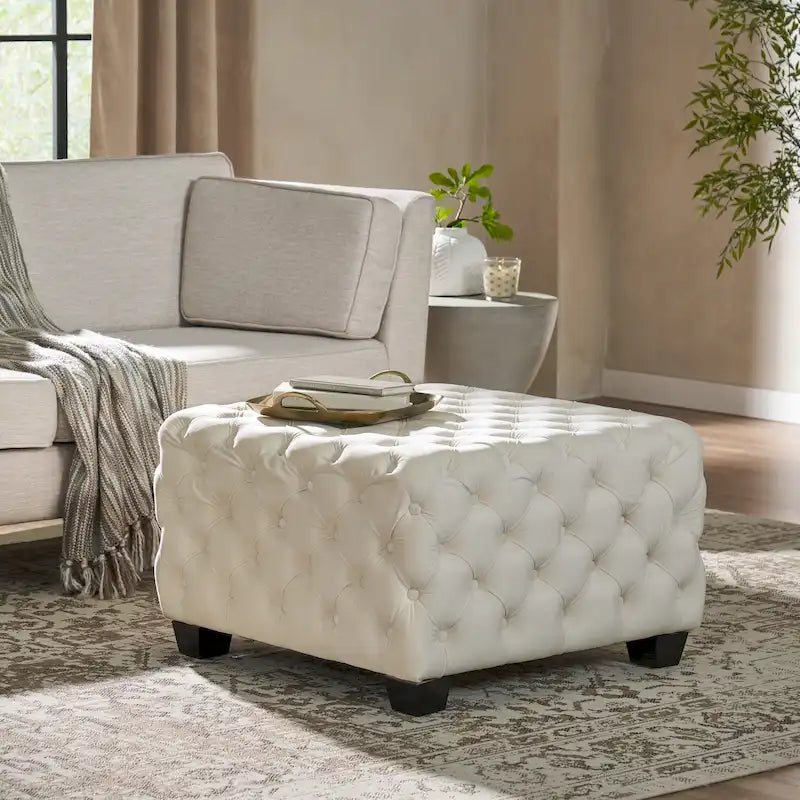 Button-Tufted Velvet Ottoman with Birch Wood Legs