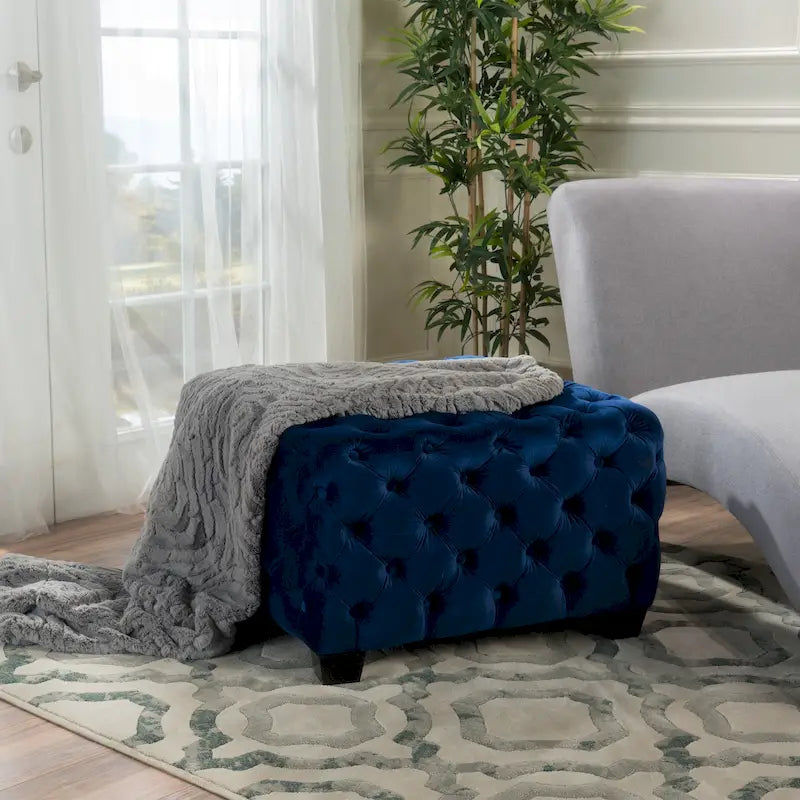 Button-Tufted Velvet Ottoman with Birch Wood Legs