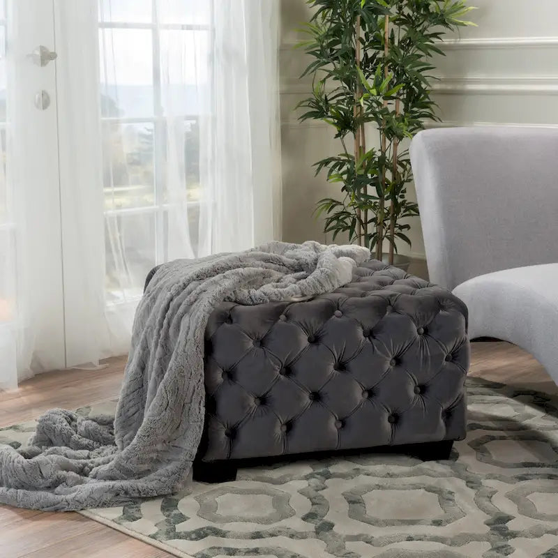 Button-Tufted Velvet Ottoman with Birch Wood Legs