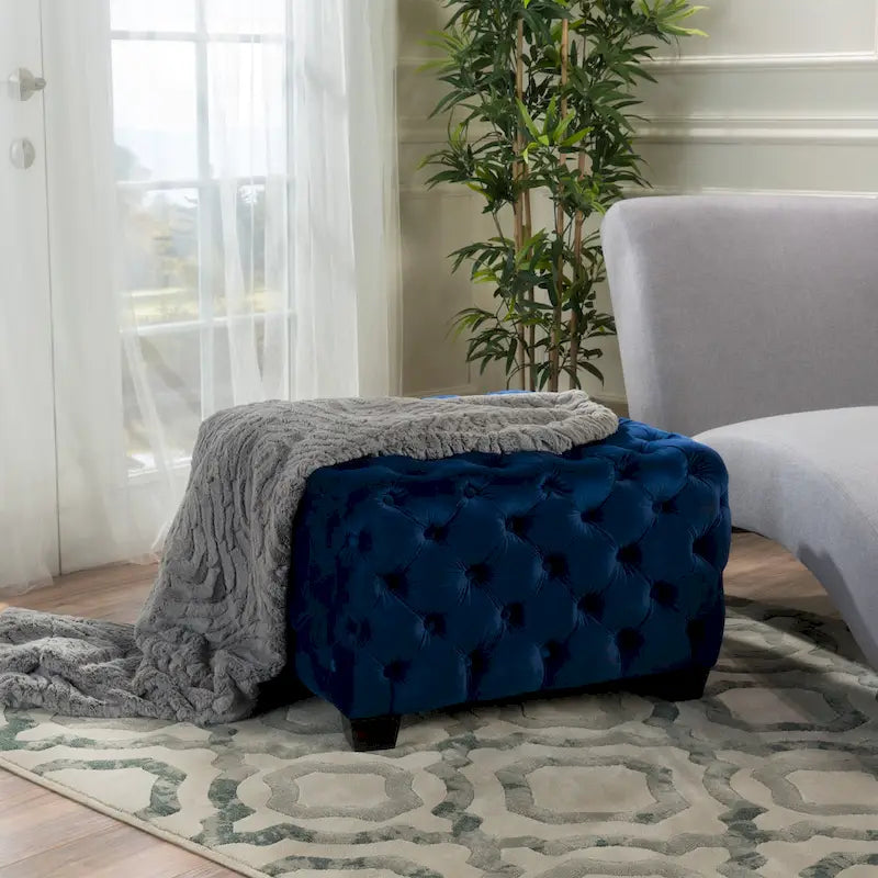 Button-Tufted Velvet Ottoman with Birch Wood Legs