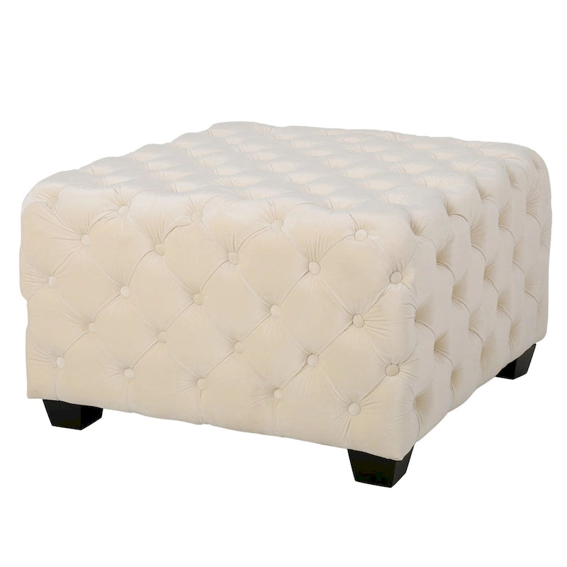 Pouf in velluto con trapuntatura a bottoni e gambe in legno di betulla