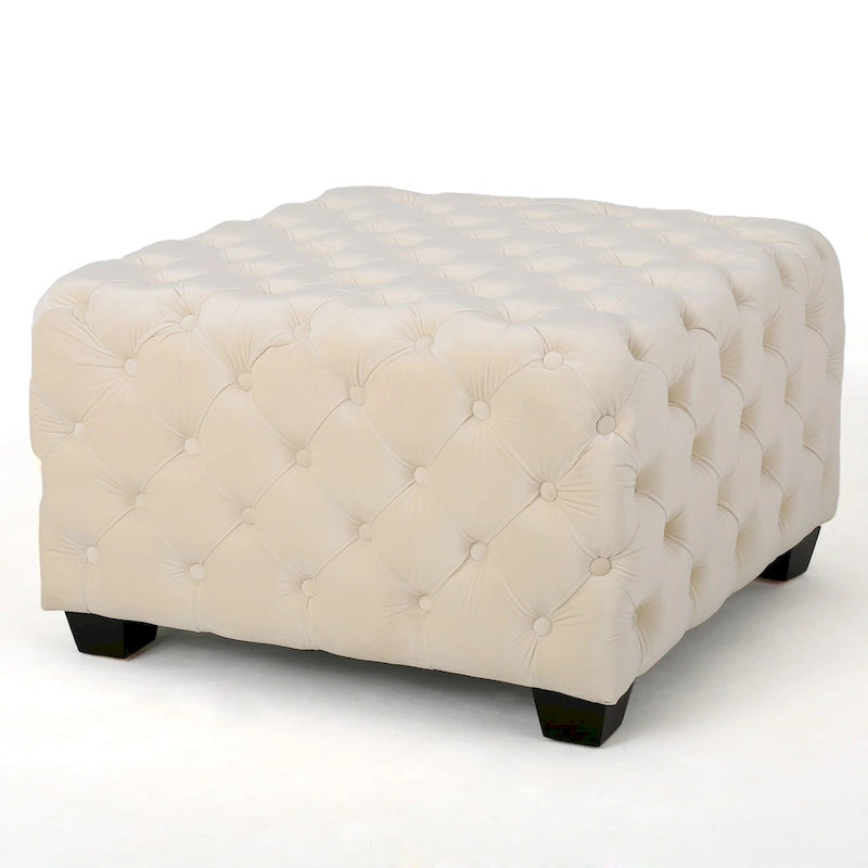 Pouf in velluto con trapuntatura a bottoni e gambe in legno di betulla