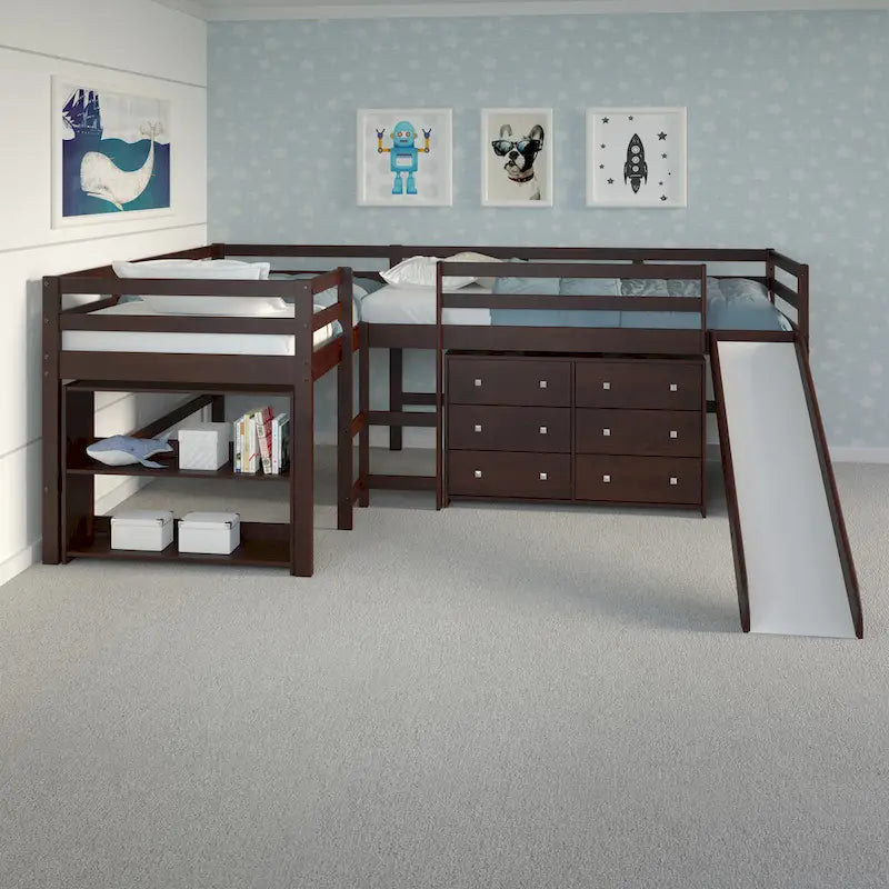 L-Shaped Twin Loft Bedroom Set with Dresser and Bookcases