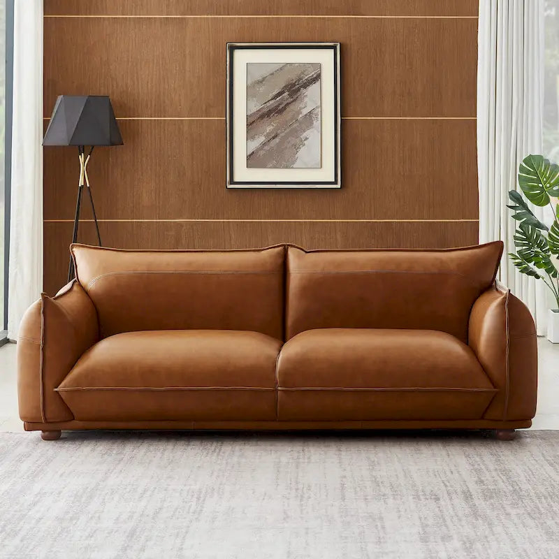 Cognac Genuine Leather Three-Seat Sofa with Wood Legs