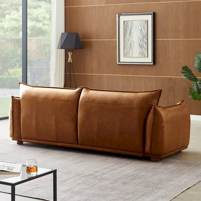 Cognac Genuine Leather Three-Seat Sofa with Wood Legs