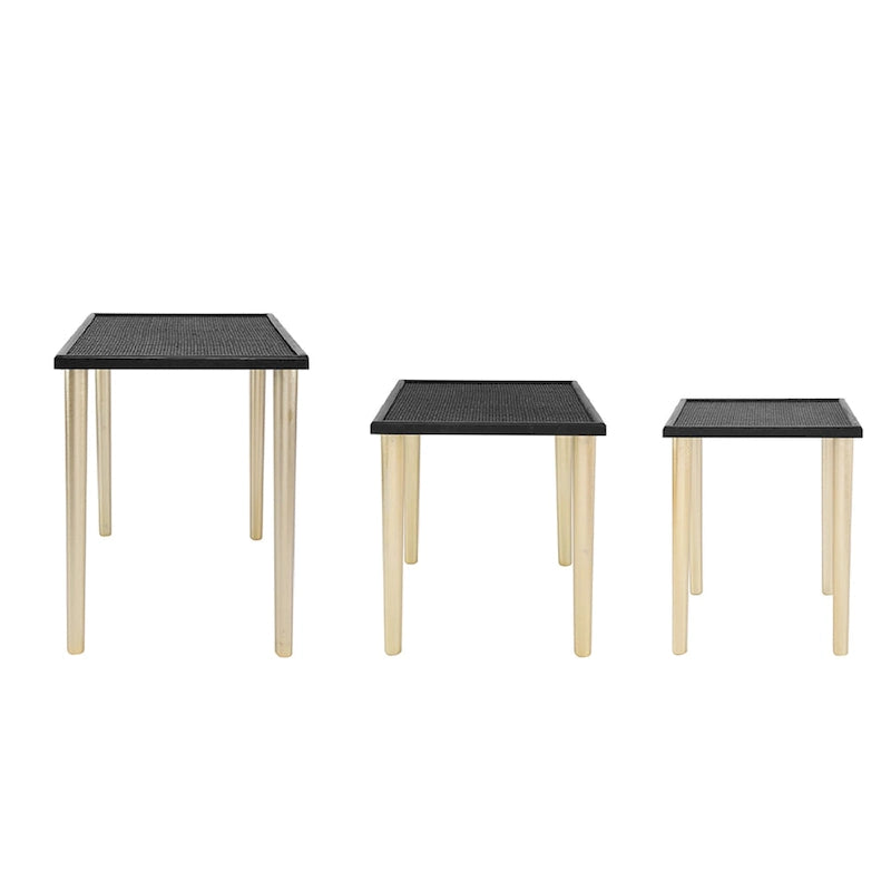 Black and Gold Rattan Nesting Side Tables, Set of 3