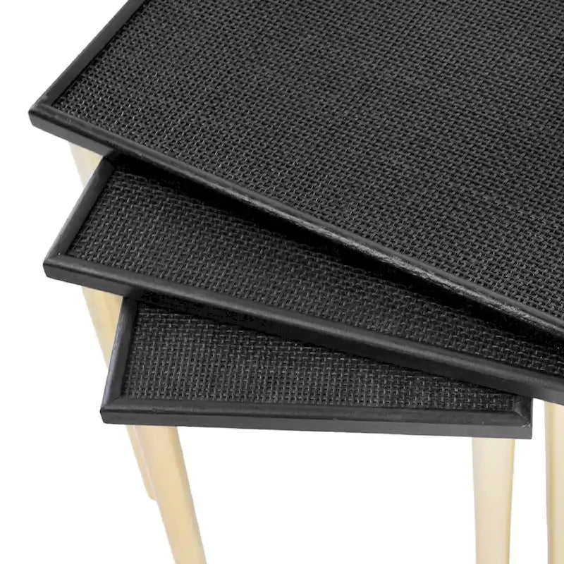 Black and Gold Rattan Nesting Side Tables, Set of 3