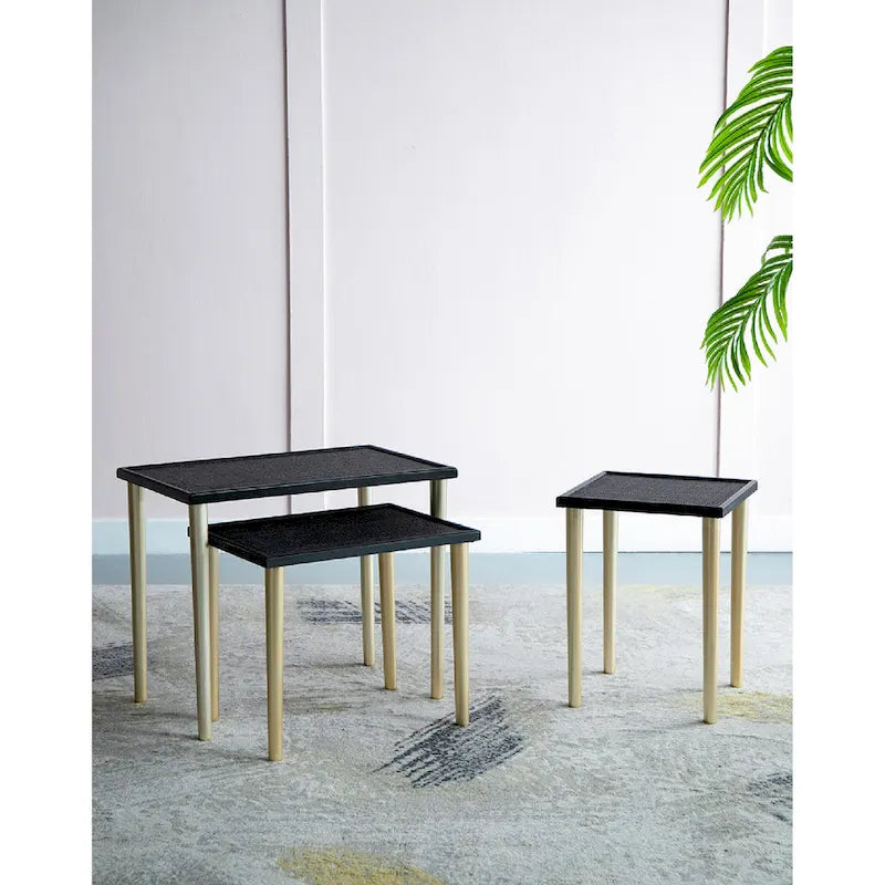 Black and Gold Rattan Nesting Side Tables, Set of 3