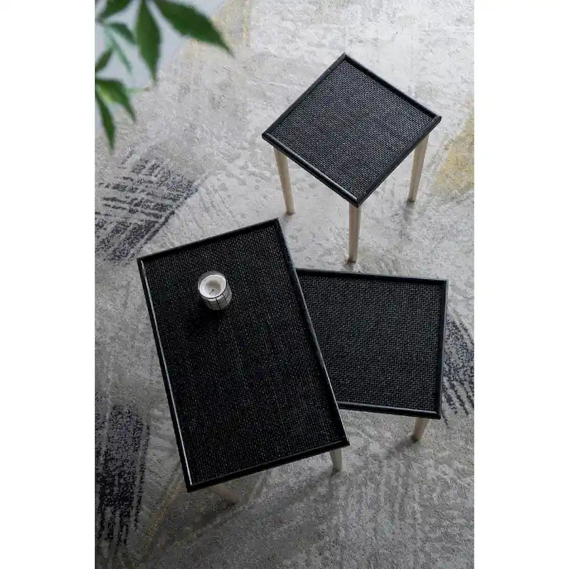 Black and Gold Rattan Nesting Side Tables, Set of 3