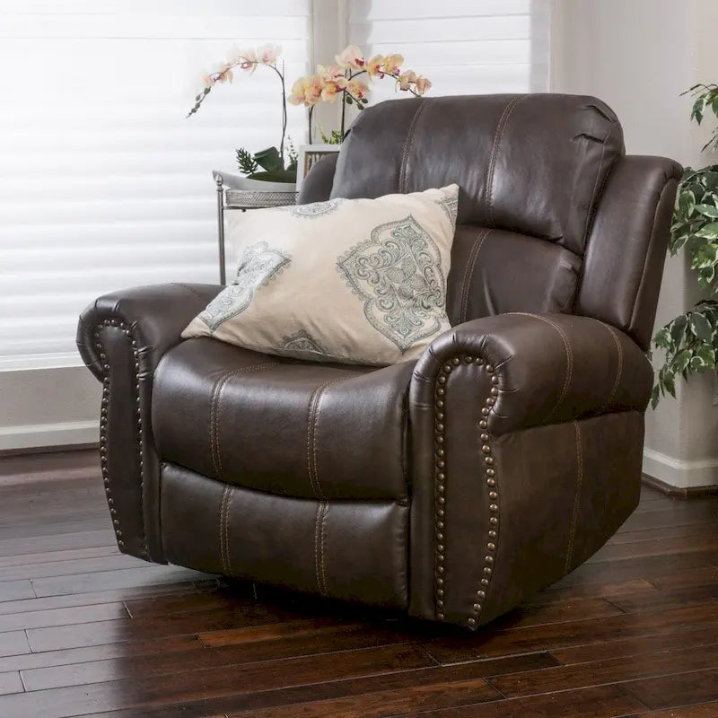 Bonded Leather Glider Recliner with Nailhead Trim