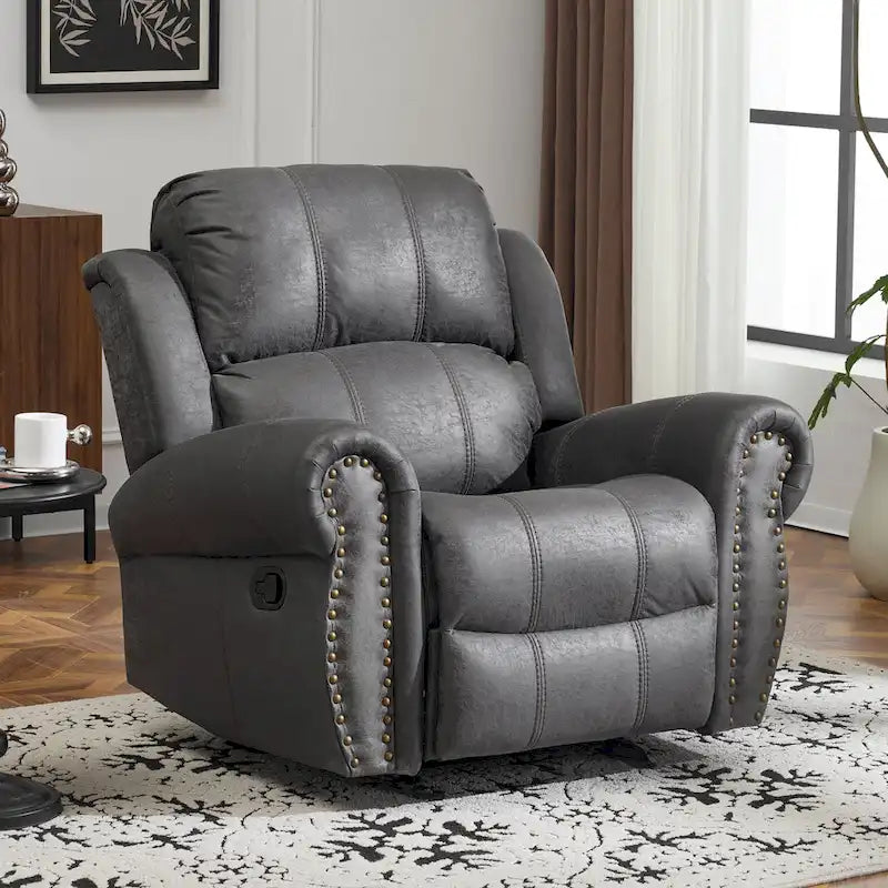 Bonded Leather Glider Recliner with Nailhead Trim