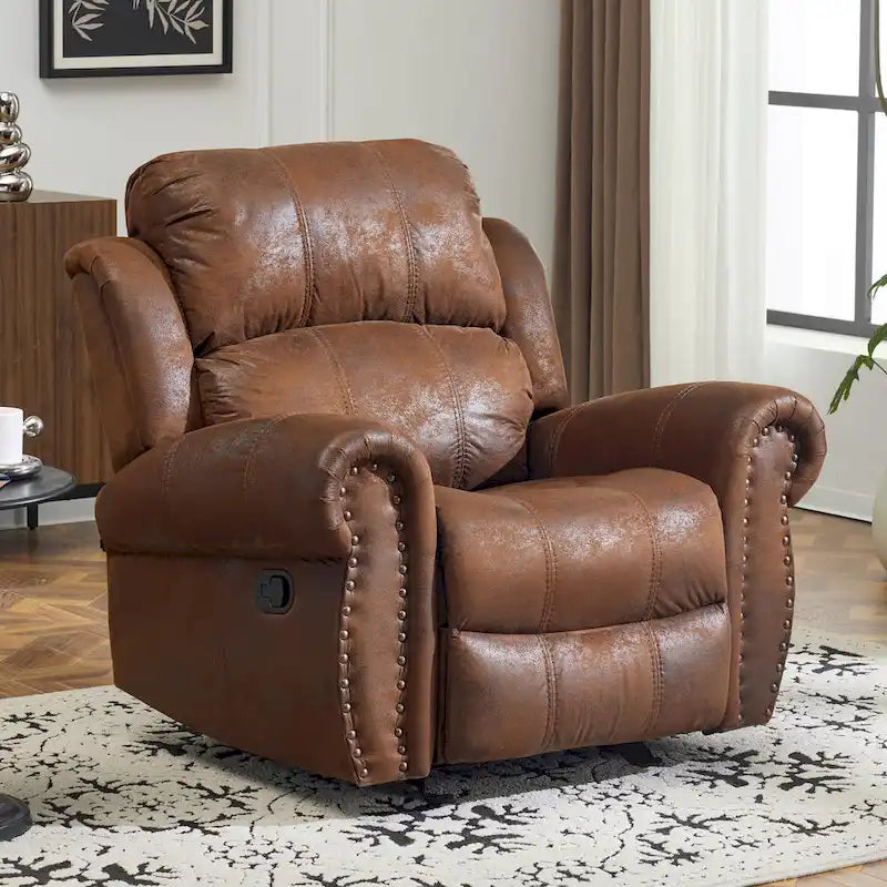 Bonded Leather Glider Recliner with Nailhead Trim