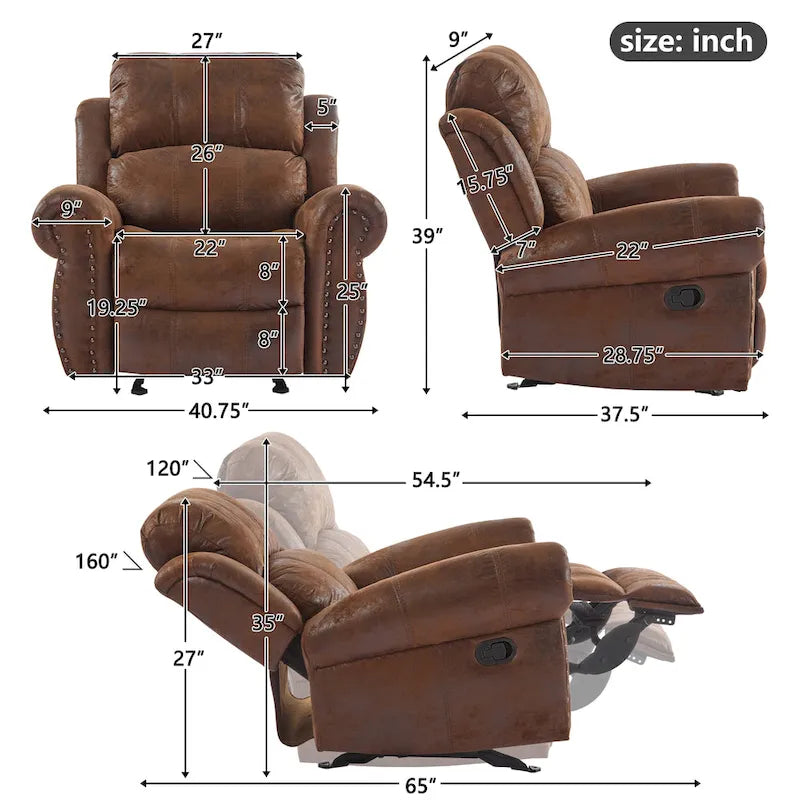 Bonded Leather Glider Recliner with Nailhead Trim