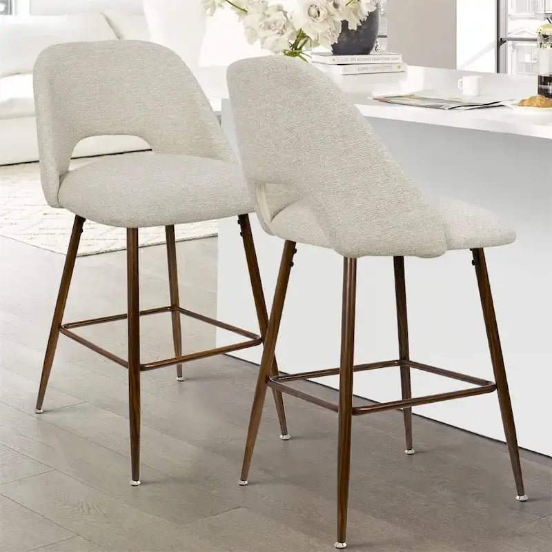 Upholstered Bar Stools with Walnut Legs, Set of 2
