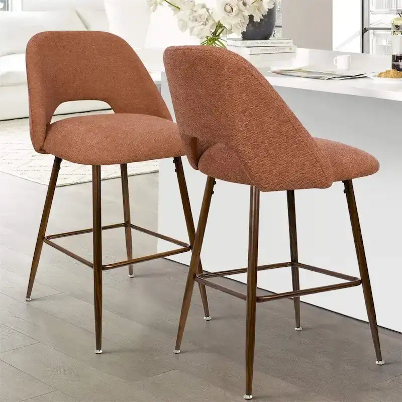 Upholstered Bar Stools with Walnut Legs, Set of 2